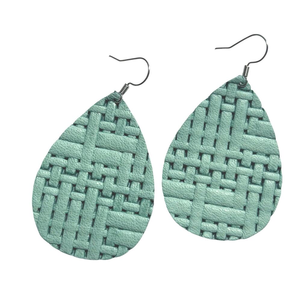 5/$25 Handmade Lightweight Genuine Leather Teal Weave Woven Teardrop Earrings